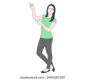 Happy woman showing on empty copy space. Smiling young woman pointing at something. Isolated background. Vector flat illustration.