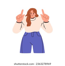 Happy woman showing, pointing up with fingers. Smiling excited person advertising, promoting, presenting something, gesturing with hands. Flat vector illustration isolated on white background