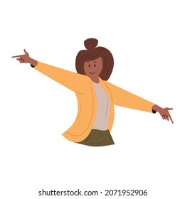 Happy woman showing positive emotions and hand gesture.  Happiness girl communication character expression and smile. Human different sign .Greeting language emotion cartoon flat vector illustration