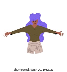 Happy woman showing positive emotions and hand gesture.  Happiness girl communication character expression and smile. Human different sign .Greeting language emotion cartoon flat vector illustration
