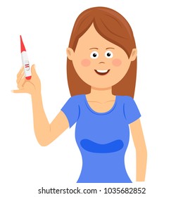 Happy woman showing positive pregnancy test. Pregnancy, fertility, maternity and people concept.