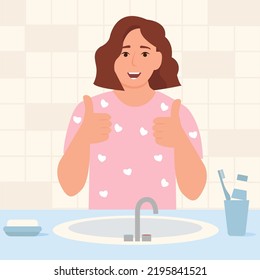 Happy woman showing thumb up in bathroom The gesture is cool. Beautiful smile of a young woman with healthy white teeth.Dental care and hygiene. Vector illustration