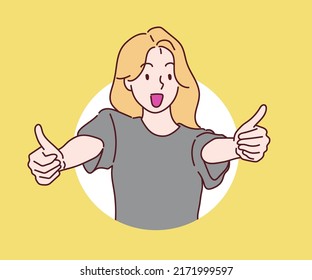 Mujer feliz mostrando el pulgar con gesto positivo con la mano. Concepto seguro. Dibujado a mano en estilo de línea delgada, ilustraciones vectoriales.