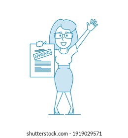 Happy woman shows a document with the inscription approved. Getting permission. Character - a woman in glasses. Office worker. Illustration in line art style. Vector