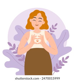 Una mujer feliz muestra su corazón con las manos. Concepto de amor propio. Ilustración vectorial.