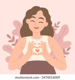 Una mujer feliz muestra su corazón con las manos. Concepto de amor propio. Ilustración vectorial