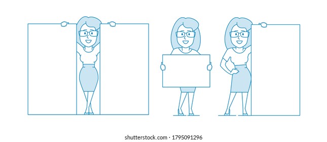 Happy woman shows various banners. Design for comparing device specifications. Character - a woman in glasses. Office worker or business woman. Illustration in line art style. Vector