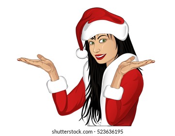 Happy woman sign in christmas costume on empty copy space white background. Wow. Vector illustration. Pop art style
