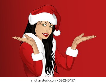 Happy woman sign in christmas costume on empty copy space red  background. Wow. Vector illustration. Pop art style