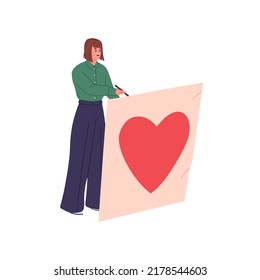 Happy woman signing postcard for Valentine day. Smiling joyful girl confessing love, drawing big heart on large romantic greeting card. Flat vector illustration isolated on white background
