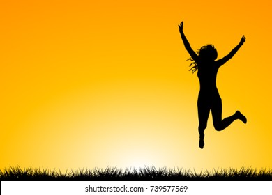 Happy Woman Silhouette Jumping And Enjoying Life