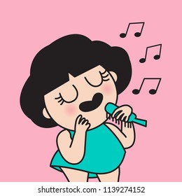 Happy Woman Singing With Hair Comb, Isolated On Pink Concept Card Character illustration