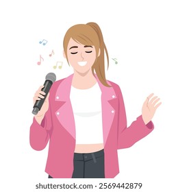 Happy woman singing holding microphone. Flat vector Character Illustration