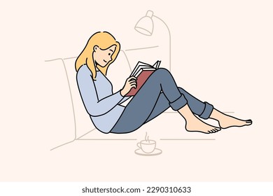 Happy woman sit on couch at home read book drink hot tea. Calm girl relax on sofa enjoy reading and coffee. Weekend relaxation. Vector illustration. 