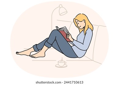 Happy woman sit on couch at home read book drink hot tea. Calm girl relax on sofa enjoy reading and coffee. Weekend relaxation. Vector illustration.