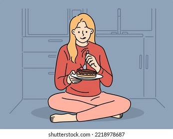 Happy woman sit on kitchen floor near fridge eating chocolate cake. Smiling girl enjoy tasty dessert at home. Diet and guilty pleasure. Vector illustration. 