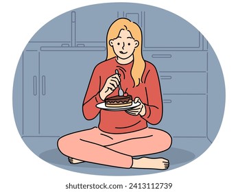 Happy woman sit on kitchen floor near fridge eating chocolate cake. Smiling girl enjoy tasty dessert at home. Diet and guilty pleasure. Vector illustration.