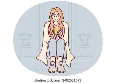 Happy woman sit on stairs at home drinking warm coffee. Smiling girl enjoy outside with tea in morning. Vector illustration.