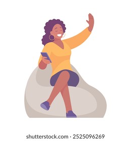 Mujer feliz se sienta con Smartphone dar alta cinco Ilustración vectorial de gesto informal