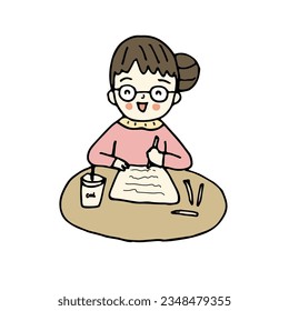 Happy woman sit at table writing letter. Happy girl at table handwriting on paper making notes. Hand drawn style vector illustration.