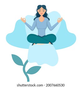 Happy woman sits in the flower in lotus pose. Smiled female character enjoys her freedom and life. Smiling girl cares about herself. Concept of love yourself and healthy lifestyle.