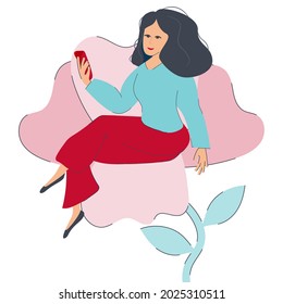 Happy woman sits in the flower. Smiled female character enjoys her freedom and life. Smiling girl cares about herself. Concept of love yourself and healthy lifestyle.