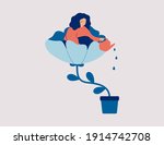 A happy woman sits in the flower and waters it. Smiling girl cares about herself and her future. Concept of love yourself and a healthy lifestyle. Vector illustration. 