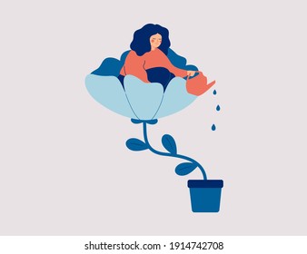 A happy woman sits in the flower and waters it. Smiling girl cares about herself and her future. Concept of love yourself and a healthy lifestyle. Vector illustration.  - Shutterstock ID 1914742708