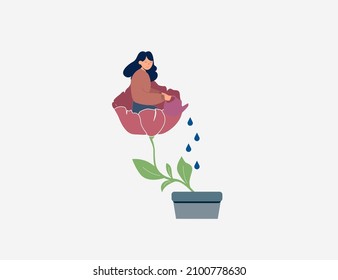 A happy woman sits in the flower and waters it. Smiling girl cares about herself and her future. Concept of love yourself and a healthy lifestyle. Vector illustration.