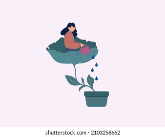 A happy woman sits in the flower and waters it. Smiling girl cares about herself and her future. Concept of love yourself and a healthy lifestyle. Vector illustration.