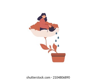 A happy woman sits in the flower and waters it. Smiling girl cares about herself and her future. Concept of love yourself and a healthy lifestyle. Vector illustration.