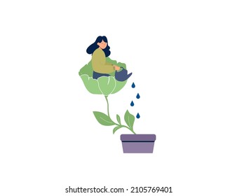 A happy woman sits in the flower and waters it. Smiling girl cares about herself and her future. Concept of love yourself and a healthy lifestyle. Vector illustration.