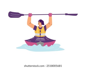 Uma mulher feliz senta em um caiaque e segura uma pá de duas lâminas acima de sua cabeça. Esportes aquáticos extremos. Remando. Campeonato. Arrafagem fluvial. Ilustração vetorial isolada sobre fundo branco.