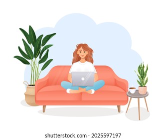 Happy woman sits with laptop on sofa on isolated white background. The concept of remote work, office at home, freelancing, programming, training, student. Vector flat illustration in cartoon style.