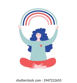 Happy woman sits in lotus pose and open her arms to the rainbow. Smiled girl creates good vibe around her. Smiling female character enjoys her freedom and life. Body positive and health care concept.