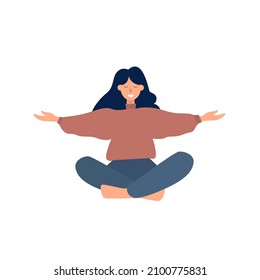 Happy woman sits in lotus pose and open her arms to the rainbow. Smiled girl creates good vibe around her. Smiling female character enjoys her freedom and life. Body positive and health care concept