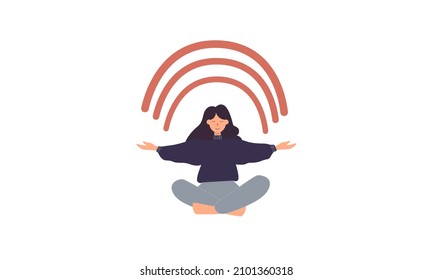 Happy woman sits in lotus pose and open her arms to the rainbow. Smiled girl creates good vibe around her. Smiling female character enjoys her freedom and life. Body positive and health care concept