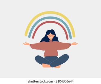 Happy woman sits in lotus pose and open her arms to the rainbow. Smiled girl creates good vibe around her. Smiling female character enjoys her freedom and life. Body positive and health care concept