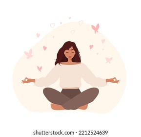 La mujer feliz se sienta en la posición del loto y abre sus brazos al amor, el mundo y la mariposa. Mujer en meditación. El personaje femenino disfruta de la vida. Ilustración plana
Apoyo a la salud mental, amarse a sí mismo
