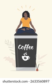 Happy woman sits in lotus yoga pose on giant cup of coffee. Young female with closed eyes with mug of cafe, enjoyment. Concept of body positive and caffeine lovers. Yoga and coffee at morning. vector