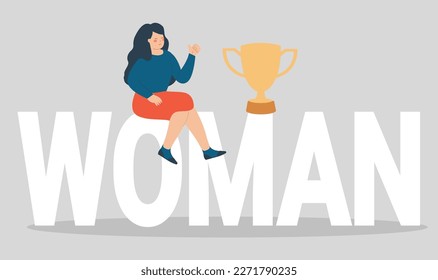 Happy woman sits next to a big prize on a large text and says "hello". Female stands with women and celebrates international women's day on 8 march. Feminist movement, Women's empowerment concept.