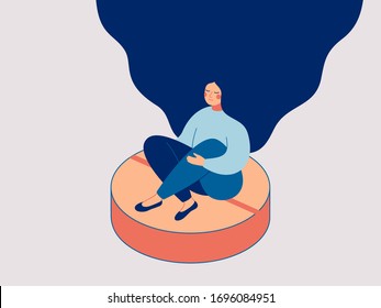 Happy woman sits on the big sedative pill. Concept of influence and side effects of anti-anxiety meds on the women’s moods. Vector