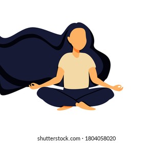 Happy woman sits on the floor with open arms. Young girl makes morning stretch. Smiling female character enjoys her freedom and life. Body positive and health care concept.