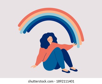 Mulher feliz senta-se no chão e desenha os braços para o arco-íris. Garota sorridente cria uma boa vibração ao seu redor. Personagem feminina sorridente desfruta de sua liberdade e vida. Conceito de corpo positivo e cuidados de saúde