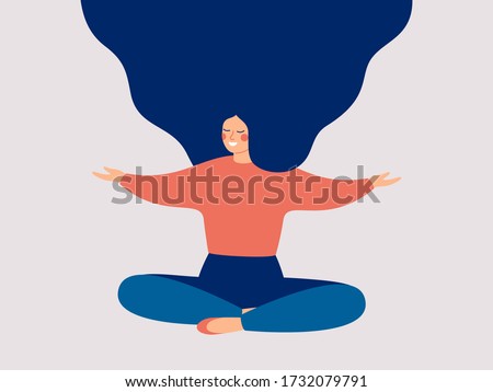 Happy woman sits on the floor with open arms. Young girl makes morning stretch. Smiling female character enjoys her freedom and life. Body positive and health care concept. 