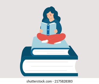 Happy woman sits on giant books and reads. Young girl or student who is fan of literature enjoys her time while reading books. Concept of professional career establishment and academic studies. Vector