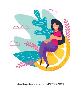 Happy Woman Sits on Huge Orange Slice with Phone. Satisfied with Summer Vacation Cartoon Girl Sharing Impressions and Good Memories via Social Network. Flat Vector Tropical Illustration