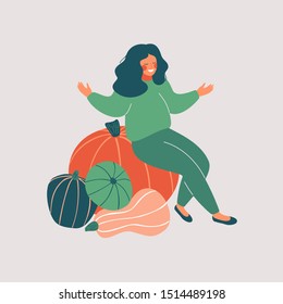 Happy woman sits on the pile of pumpkins with open arms. Seasonal Harvest composition with natural healthy food. Colorful hand drawn illustration in cartoon style.