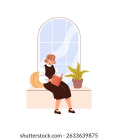 Mulher feliz senta no peitoril da janela e lê livro de papel. Estudante relaxando no peitoril está aprendendo livros didáticos, literatura. Garota tem romance, história. Ilustração de vetor isolado plano sobre fundo branco