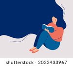Happy woman sits and reads the book with enjoy and interest. The girl keeps her diary or takes notes. Book therapy session. Mental health concept. Vector illustration